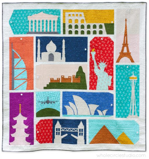 Around the World travel quilt artwork Statue of Liberty, Eiffel Tower, Colosseum, landmarks, quilt block